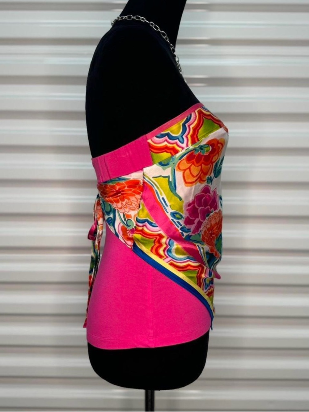 Vibrant Floral Silk Scarf Top - Pink Multicolor - Picture 4 of 6